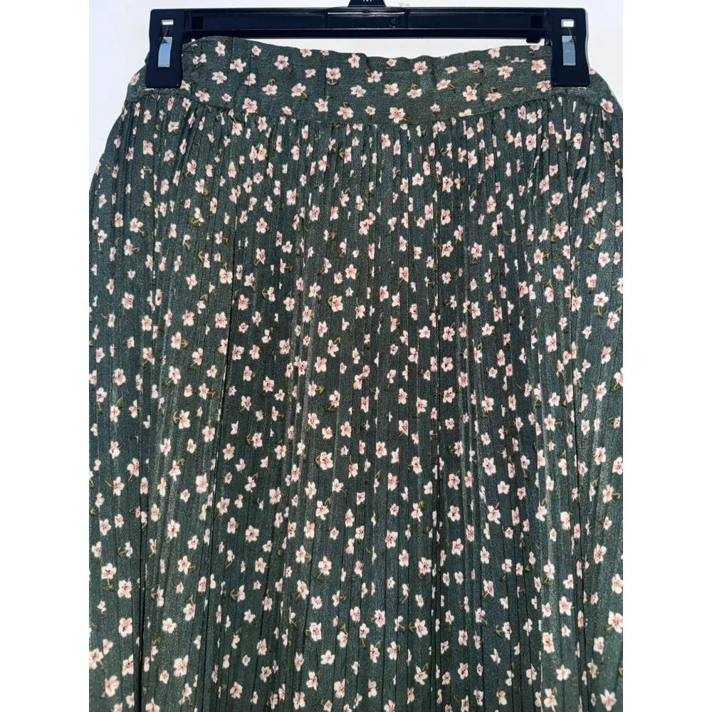 Floral Pleated Midi Skirt Green With Pink & White Flowers Large 100% Cotton Vint - Picture 2 of 6